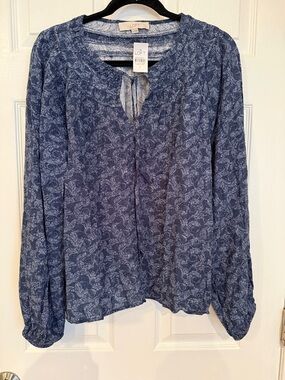 NWT LOFT Blue Paisley Tie-Neck Long Sleeve Blouse